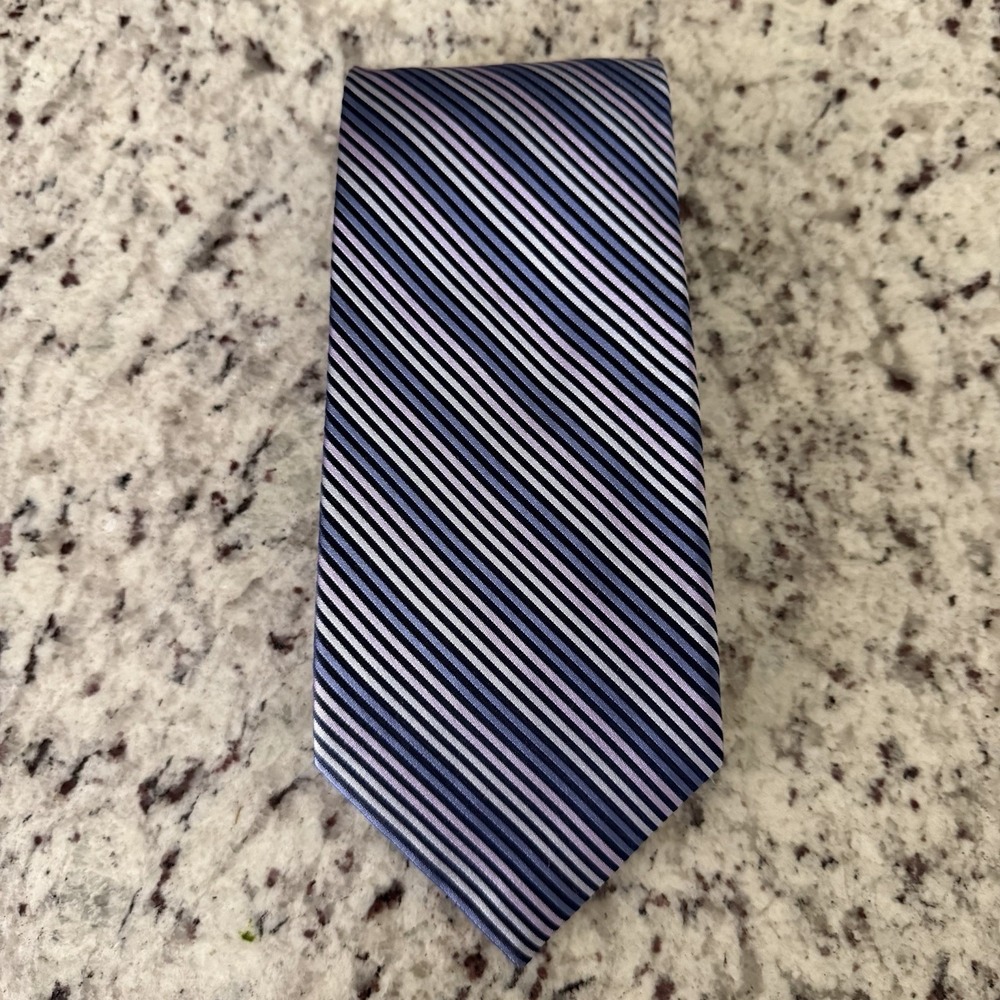 Vintage Claiborne Neck Tie Light Blue Striped 100% Silk Handmade 3.5" x 58"